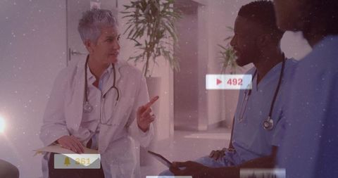 Doctors in Healthcare Discussion with Modern Technology Graphic