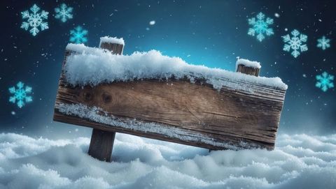 Snow-Covered Wooden Signboard with Glowing Snowflakes in Winter Field