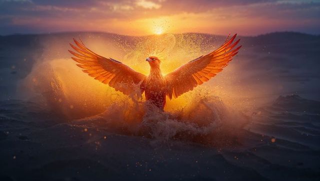 Phoenix rising from ocean at sunset, bursting embers and glowing golden mist