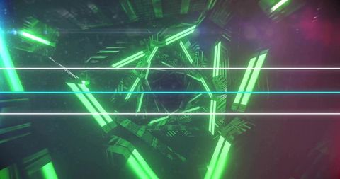 Spiraling neon hex tunnel with green light bars and futuristic vortex depth