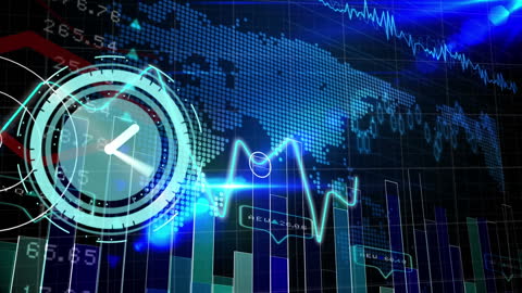 Illuminated World Map with Stock Market Charts and Clock