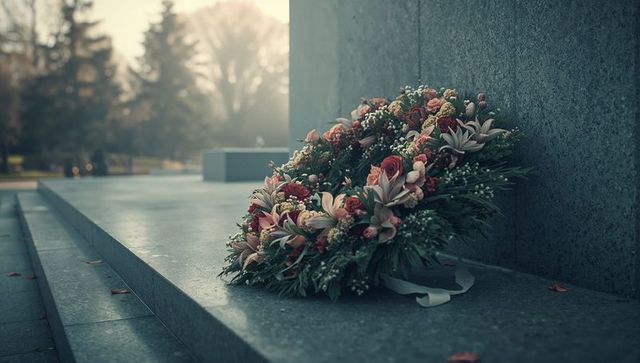 Floral Wreath Resting Against Memorial Wall in Peaceful Setting