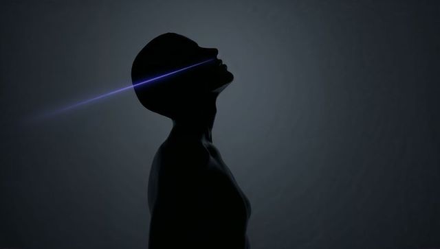 Dark silhouette profile with blue light beam evoking futuristic mind and technology