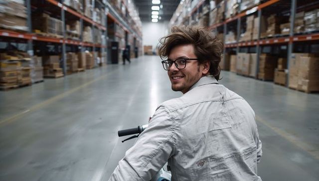 Smiling warehouse operator on electric pallet jack navigating high racks in busy logistics