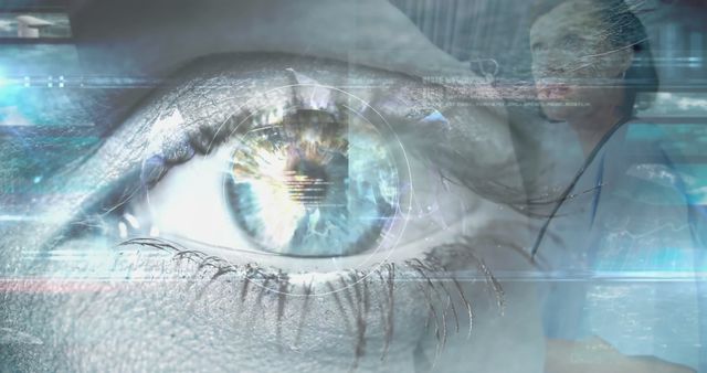 Image of eye and data processing with globe over diverse doctors. Global medicine, healthcare and digital interface concept digitally generated image.