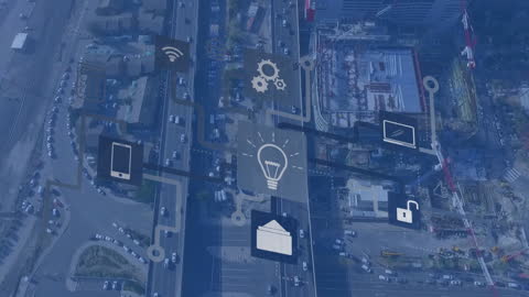 Technology Icons Overlay on Cityscape Showing Connectivity