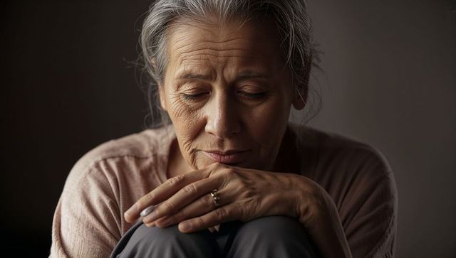 Senior woman resting chin on hands, reflecting in soft sidelight, thoughtful closeup