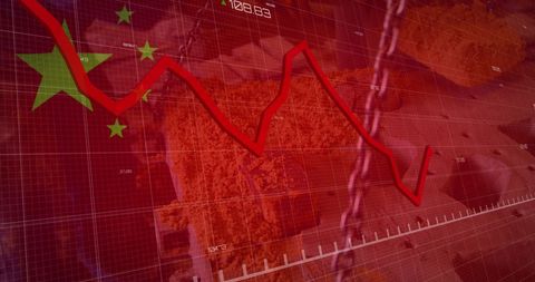 China Flag Integrated with Declining Stock Market Graph Overlay
