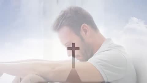 Contemplative Man Praying with Cross Overlay