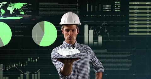 Engineer Analyzing 3D City Model on Digital Interface