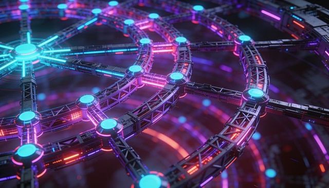 Neon concentric truss rings with glowing led hubs futuristic cybernetic network visualization