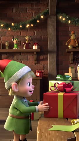 Santa Entering Workshop Urging Elves Wrapping and Stacking Gifts | Vertical Holiday Animation Video