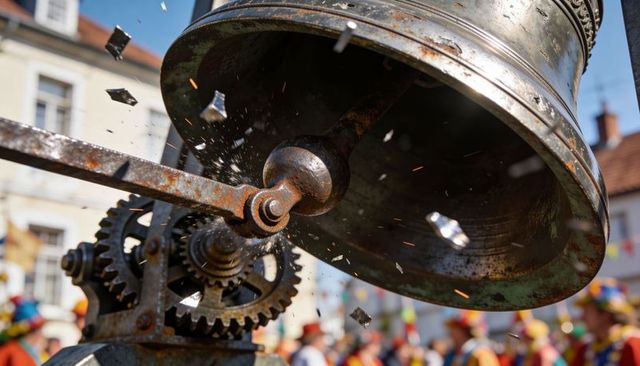 Rusted bell ringing with sparks, clapper striking gears turning at colorful town festival