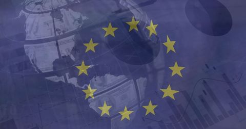 European Union Flag Overlay on Global Finance Data