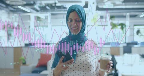 Hijab-Wearing Professional Analyzing Financial Data on Smartphone
