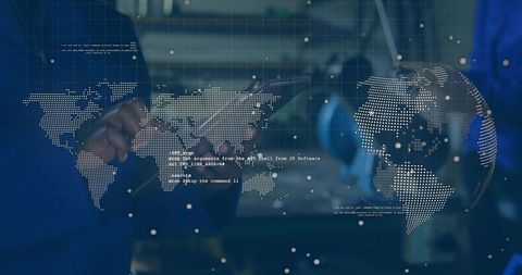 Executive Pointing Digital World Map Connecting Global Data Streams Futuristic 3D Globe