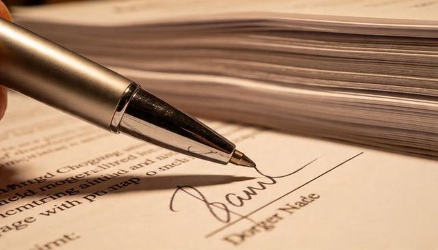 Closeup Metallic Ballpoint Pen Signing Document with Cursive Signature and Paper Stack