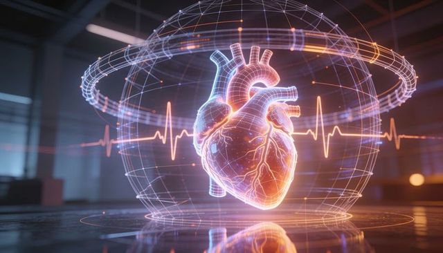 Holographic heart projecting with neon ecg waveform in futuristic wireframe globe