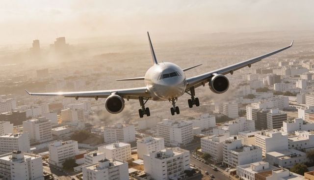 Twin-engine jetliner approaching over sunlit urban blocks during golden hour