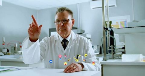 Scientist interacting with digital social media reactions in lab