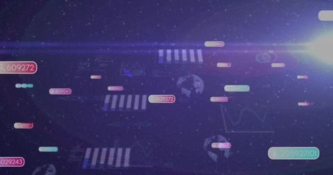 Holographic data cluster drifting across starfield with neon analytics and globe icons