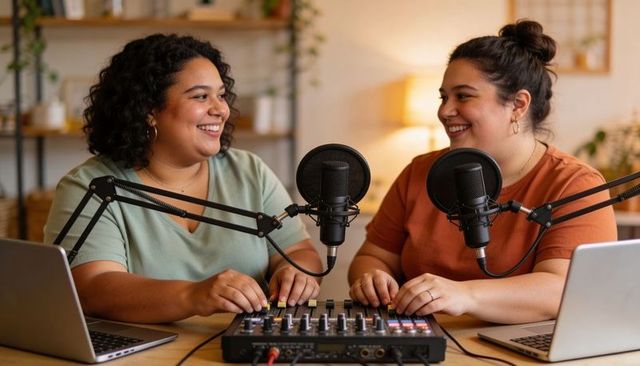 Smiling duo recording cozy home podcast with microphones, mixer and laptops