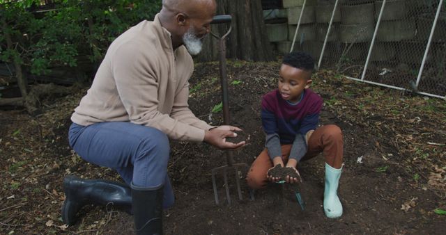 Grandfather and Grandson Enjoying Gardening Together in Backyard - Download Free Stock Images Pikwizard.com