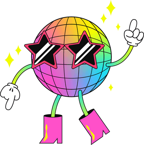 Colorful disco ball with star shades and pink boots on transparent background