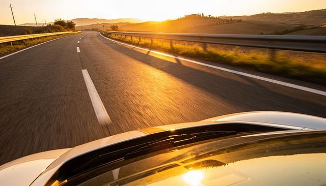 Sunlit highway driving from hood perspective golden hour with curving road and guardrail