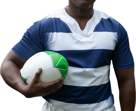 African american rugby player holding ball transparent background