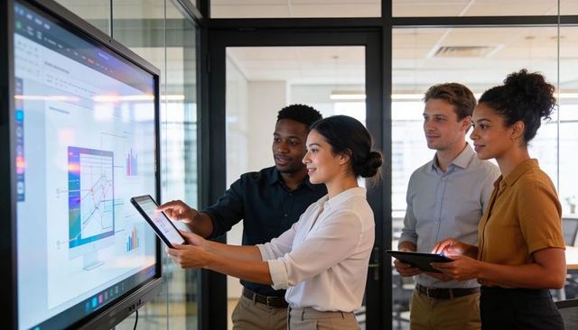 Multicultural Team Analyzing Interactive Data Dashboard on Touchscreen in Modern Office