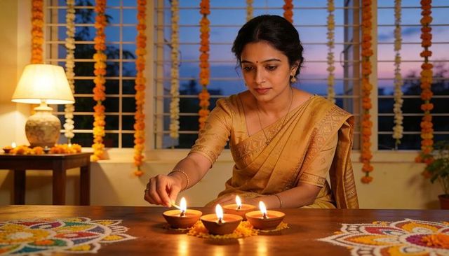 Indian woman lighting diyas during diwali in gold sari with rangoli and marigolds