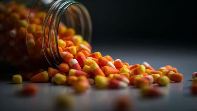 Overflowing candy corn from glass jar on dark surface
