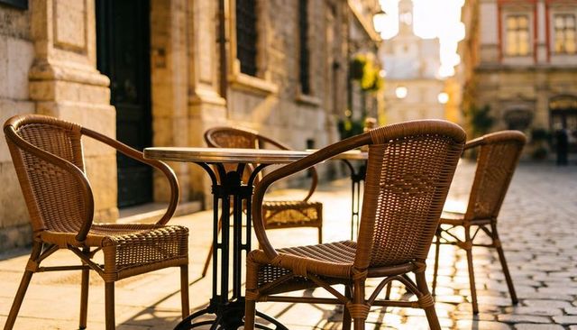 Sunlit european street cafe with wicker chairs and round table on cobblestone terrace
