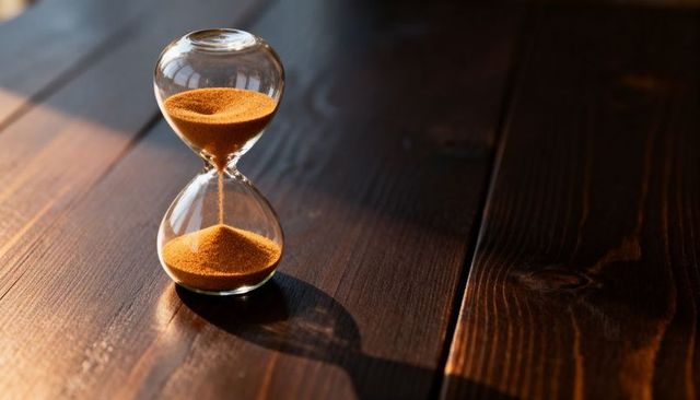 Sunlit glass hourglass pouring amber sand on dark wood table with warm golden glow