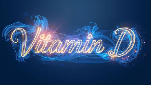Glowing cursive Vitamin D neon lettering with blue filigree swirls and sparkles