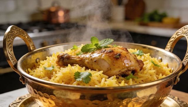 Steaming spiced chicken biryani in hammered brass serving bowl garnished with mint