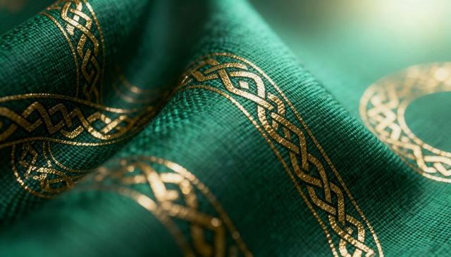 Emerald green woven textile with gold celtic knotwork embroidery luxury macro shimmering