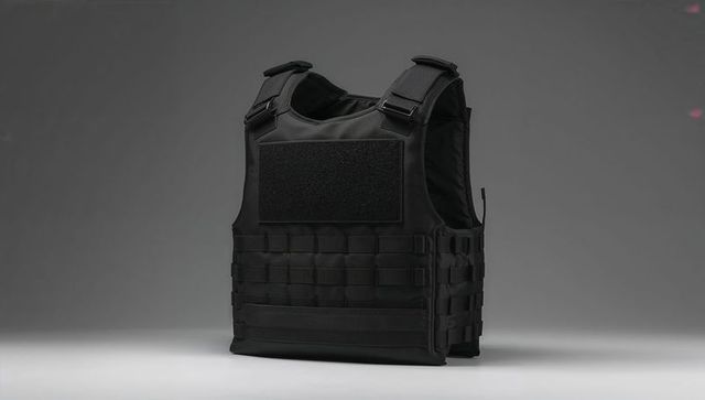 Black tactical vest with molle webbing on white surface