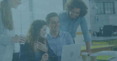 Team Collaboration Analyzing Stock Market Data with Laptop