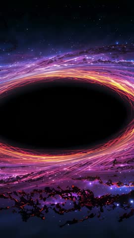 Opening sparking accretion disk orbiting black hole vertical cosmic animation loop