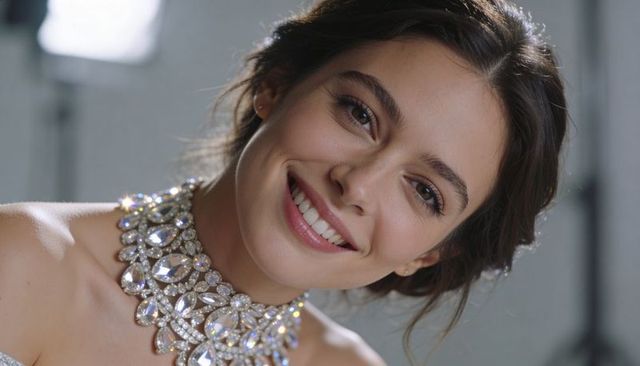 Smiling woman wearing ornate multi-stone crystal choker in soft-lit elegant headshot