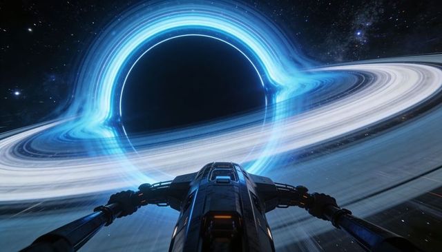 Cockpit view racing toward luminous black hole with glowing accretion ring and starfield