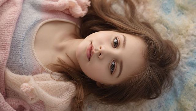 Lying girl wearing pastel cardigan on plush blanket looking toward camera serene portrait