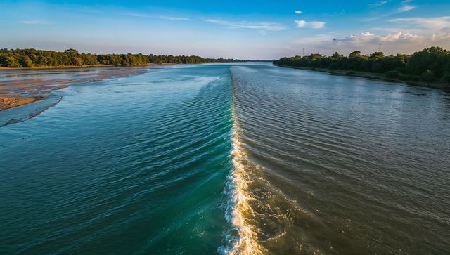 Aerial river confluence showing dramatic central water divide and parallel ripples at sunset