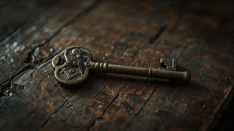 Ornate antique metal key on aged wooden background