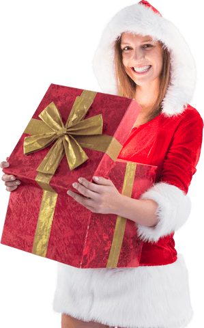 Smiling Woman in Transparent Santa Outfit Holding Large Gift Box