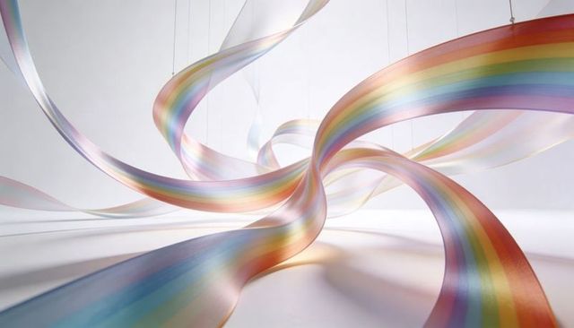 Twisting, floating iridescent satin rainbow ribbons in minimalist white studio