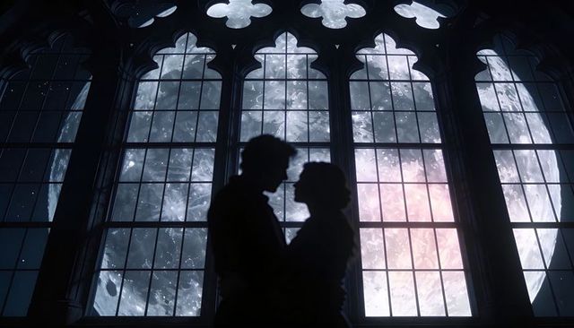 Silhouetted Couple Embracing Before Gothic Chapel Window with Moonlit Celestial Backdrop
