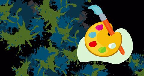 This illustration showcases a vibrant artistic scene with a paint palette and brush against a dynamic background of colorful splatters. Demonstrating creativity, it is perfect for promoting art classes, workshops, or art-related products. Use it to inspire creativity in individuals who are exploring hobbies in painting.
